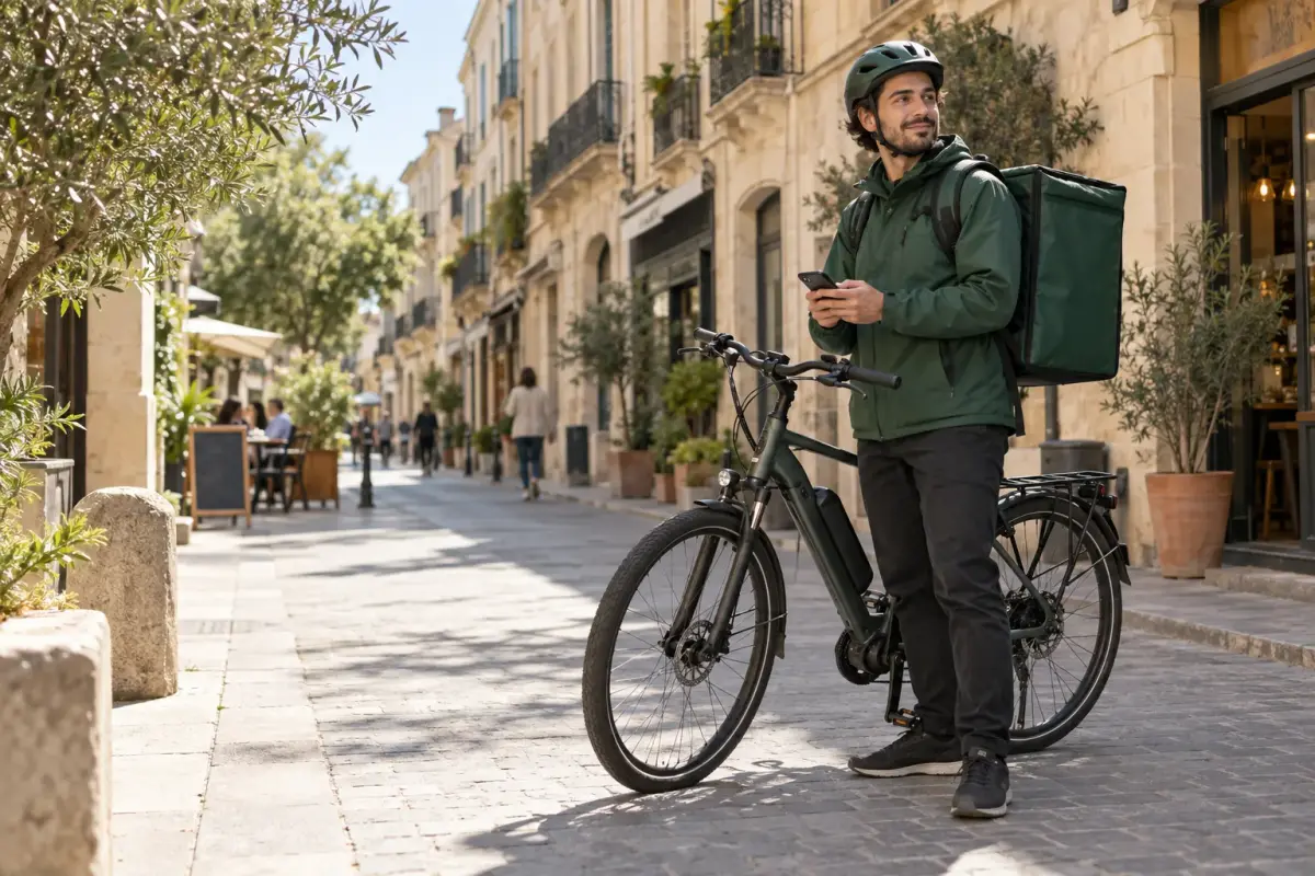 Un livreur à vélo, sac isotherme sur le dos, dans une rue piétonne