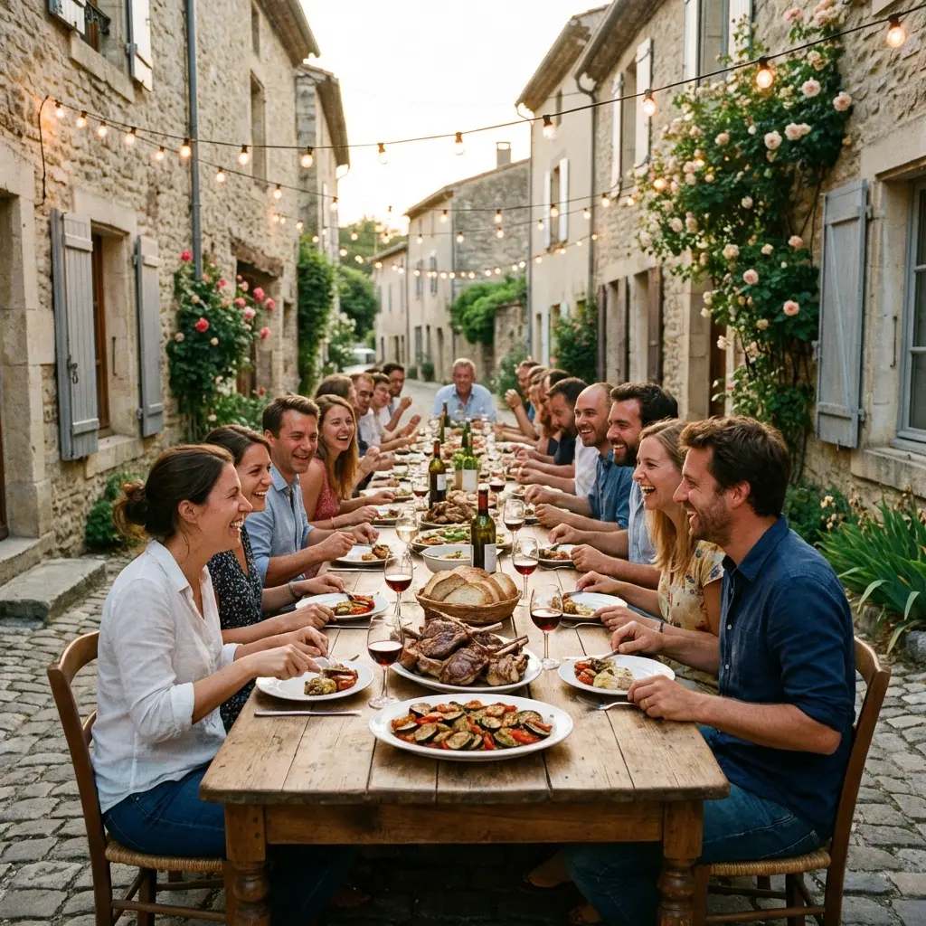 Une grande tablée dans une rue de village, des plats à partager
